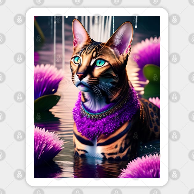 Bengal Cat enjoys a swim in an Enchanted Lake Sticker by Enchanted Reverie